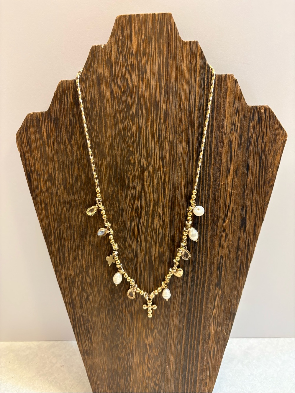 Delicate Gold Charm Necklace with Shell cross Accents